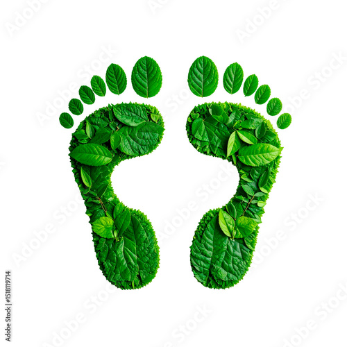 Footprints made from green leaves, symbolizing CO2 reduction, carbon-free environment	
