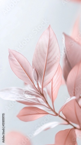 Delicate pink leaves with glossy surfaces are showcased against a soft, light backdrop, creating an elegant and peaceful ambiance ideal for home decor or design inspirations