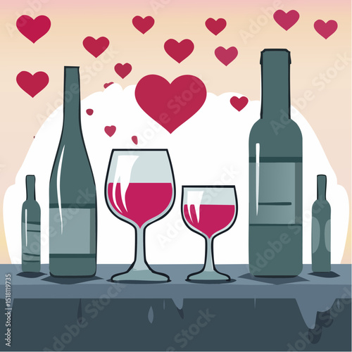 A Romantic Toast: A graphic arrangement celebrating romance with bottles of wine, glasses, and heart-shaped symbols, evoking feelings of love and celebration.
