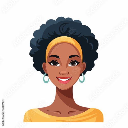 Radiant Portrait of Joyful Woman: A vibrant and stylized headshot captures a woman of African descent, exuding warmth and happiness with her beaming smile, stylish afro, and radiant eyes.