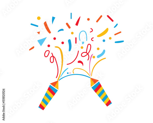 Confetti and carnival ribbon promotions celebration and events illustration set. Party, ribbon, decoration, pattern, firecracker, event. Vector drawing in cartoon 