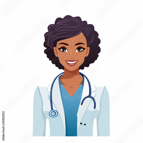 Cheerful Physician: A portrait of an afro-haired female physician, radiating warmth and expertise. The image features a smiling doctor, stethoscope and professional attire.
