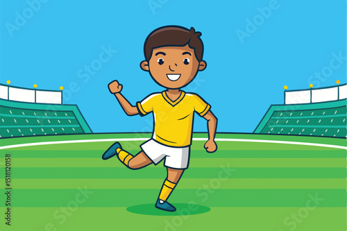 Cheerful Soccer Player Cartoon Character on a Green Stadium Field