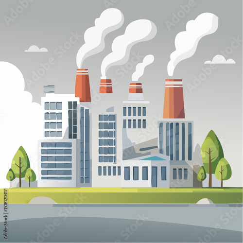 Industrial Landscape: A modern illustration portrays a stylized industrial complex, featuring smoking smokestacks that symbolize production and its impact on the environment. 