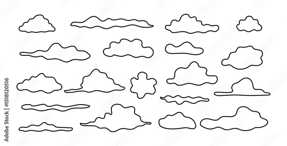 Obraz premium Collection of Black Outline Cloud Shapes on Isolated White Background. Concept of Weather Symbols, Minimalist, Abstract Sky Design, Set Clouds, Graphic Illustration, Nature Elements. ClipArt