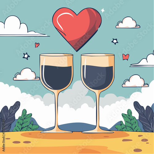 Romantic Wine: Two glasses of wine stand under a vibrant heart, set against a backdrop of idyllic sky and clouds, celebrating love, affection, and shared moments.