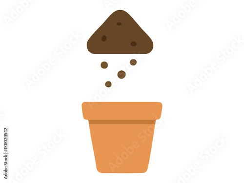 Soil being poured into a terracotta flower pot, isolated on white background, graphic illustration. concept of gardening, home decor, planting, agriculture, garden tools.
