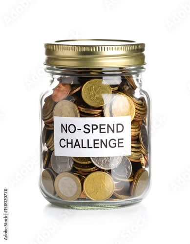 A glass jar filled with various coins labeled with a 