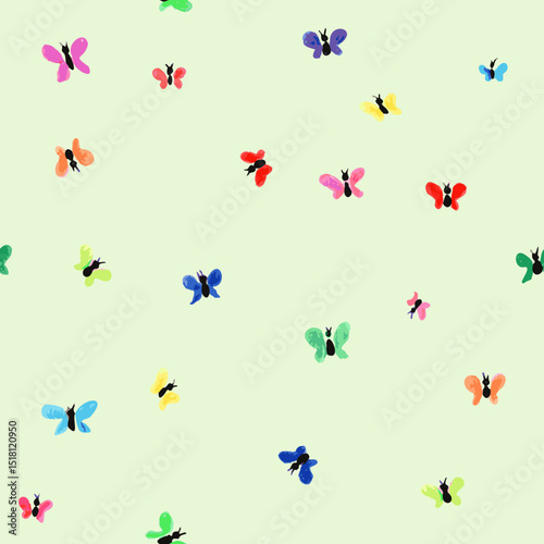 Seamless vector repeating pattern with colorful butterfly silhouettes on light background.