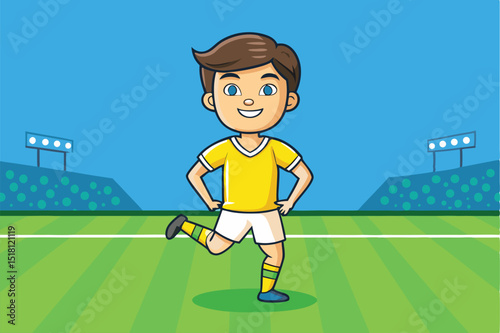 Cartoon Soccer Player on Field in Yellow Jersey During Game