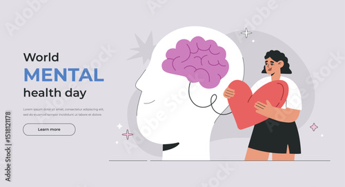 Happy woman has heart Brain Harmony and Mind Body Connection and Balance. Mental Health Awareness Concept for World Mental Health Day, Self care Vector Flat illustration for Website or Landing page