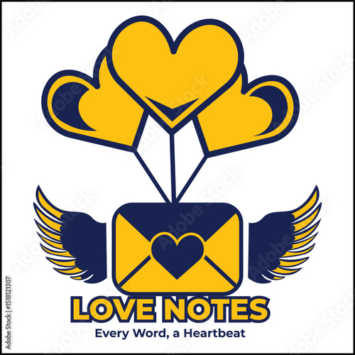 Love notes logo vector design with love letters and balloons in yellow and blue. Suitable for logos, icons, posters, advertisements, banners, companies, t-shirt designs, stickers, websites.