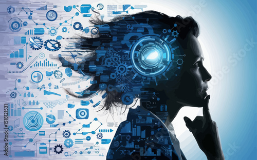 Digital composite image featuring the silhouette of a person's profile, likely a woman