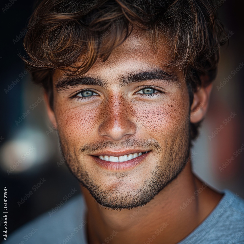Fototapeta premium Young Man with Freckles and Bright Smile in Natural Light Portrait
