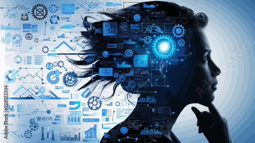 Digital composite image featuring the silhouette of a person's profile, likely a woman