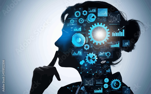 Digital composite image featuring the silhouette of a person's profile, likely a woman