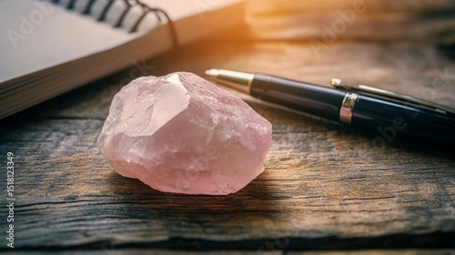Rose Quartz Crystal on a Wooden Desk with Pen and Notepad