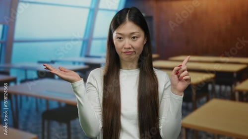 Asian woman gesturing stop with open palm in a classroom setting, expressing negation or disagreement indoors, highlighting her serious expression against a backdrop of empty desks.