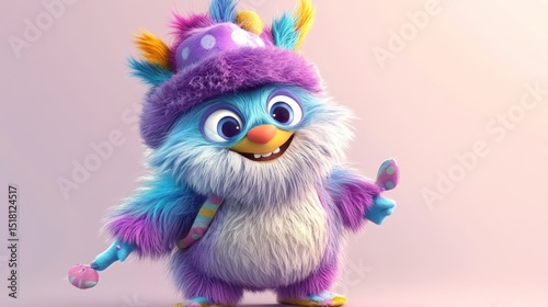 Fluffy, colorful, winter bird character.  Smiling, friendly, playful
