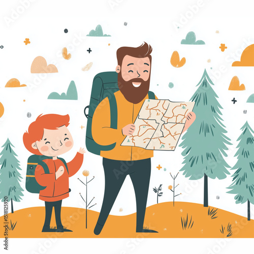 a cartoon dad with a backpack and a map, hiking with a child, both smiling, nature background, flat colorful illustration, vector design
