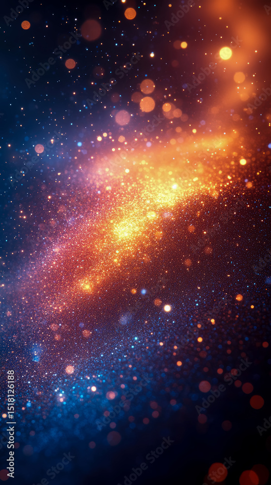 Naklejka premium Cosmic Nebula Sparkle: An abstract depiction of the universe with clusters of golden and blue lights creating a nebula effect