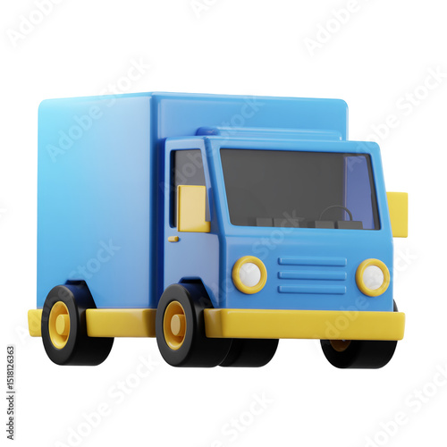 Stylized 3D Truck, Blue Body with Yellow Accents Isolated on Transparent Background