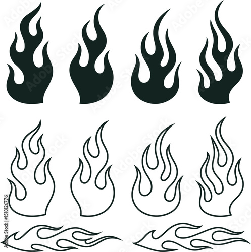 Fire flames icon set with burning symbols and heat elements in vector style