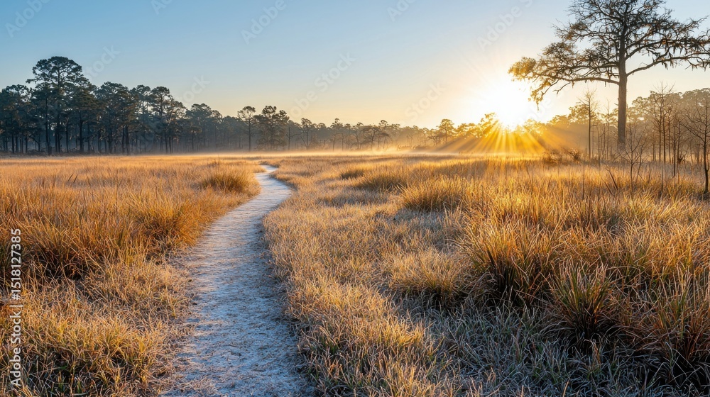 Scenic sunrise over a peaceful grassy meadow with a winding dirt trail, tall trees in distance, golden sunlight illuminating nature, tranquil outdoor landscape Scenic sunrise over a peaceful grassy meadow with a winding dirt trail, tall trees in distance, golden sunlight illuminating nature, tranquil outdoor landscape