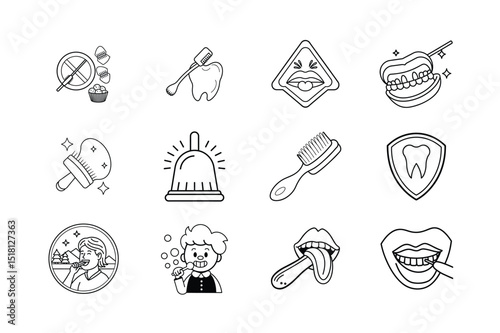 Simple dental hygiene and teeth care icons representing brushing flossing and oral health practices