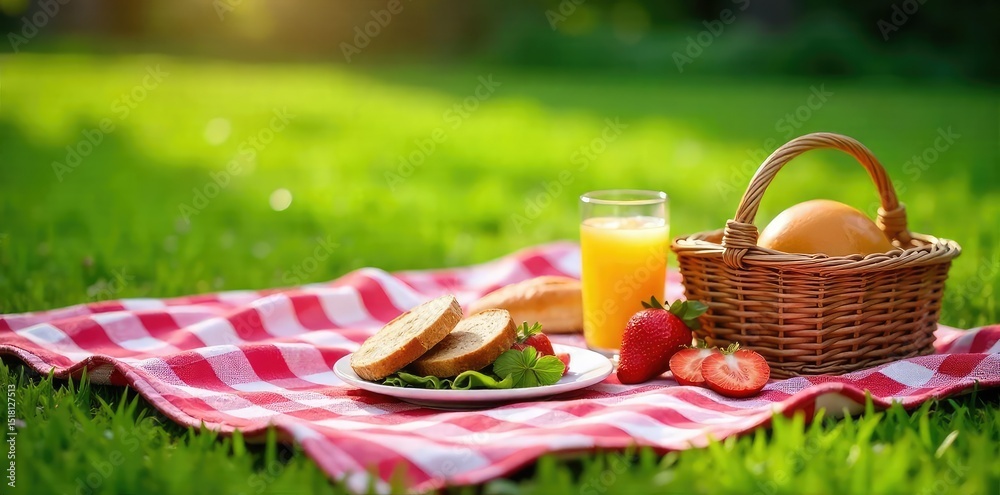 A checkered blanket spread on lush green grass, surrounded by a delightful array of picnic food, drinks, and summertime accessories Perfect for a sunny day outdoors , sun, colorful A checkered blanket spread on lush green grass, surrounded by a delightful array of picnic food, drinks, and summertime accessories Perfect for a sunny day outdoors , sun, colorful