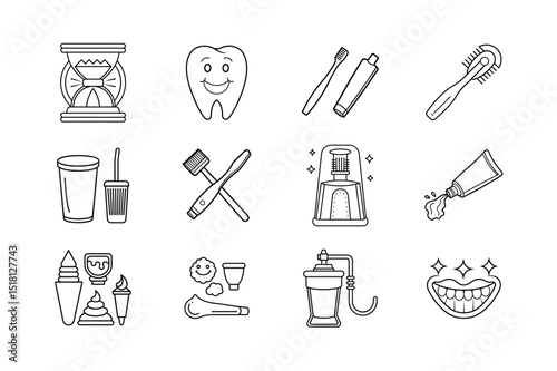 Collection of dental hygiene and teeth cleaning equipment in simple outline icon style