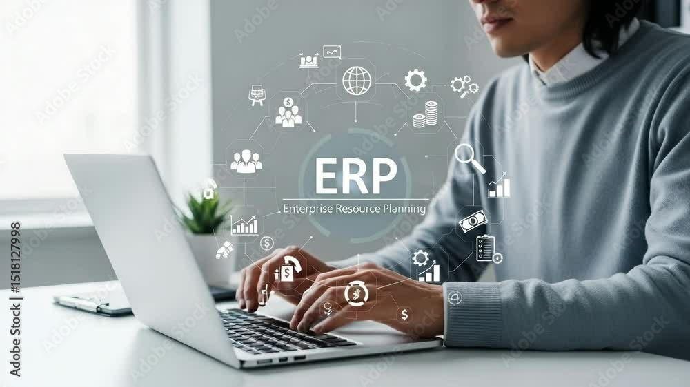 Person typing on laptop with erp enterprise resource planning graphic overlaying the scene in the office