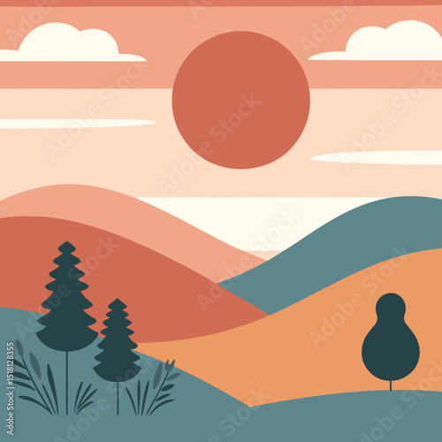 Minimalist vector background with hills, sun, and tree shapes, natural theme, orange, dusty pink, and teal green colors.