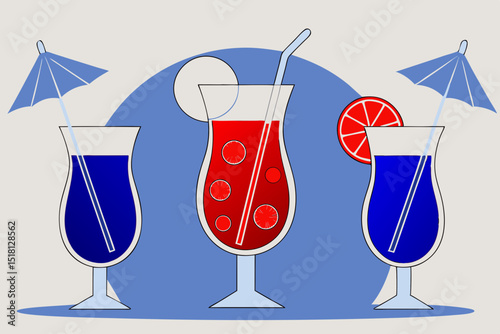Bright summer cocktails in colorful glasses with umbrellas and fruit  