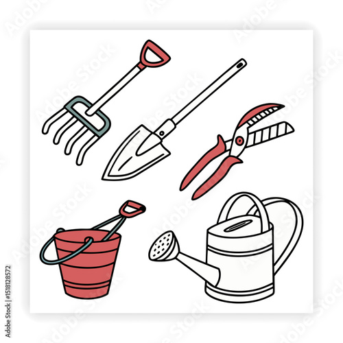 Hand Drawn Garden Tools and Plants
