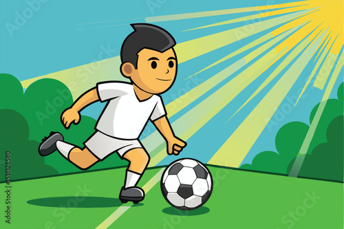 A bright vector illustration of a kid enjoying outdoor soccer under a sunny sky, showcasing youth, sports, and joy.