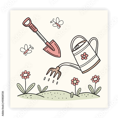 Hand Drawn Garden Tools and Plants