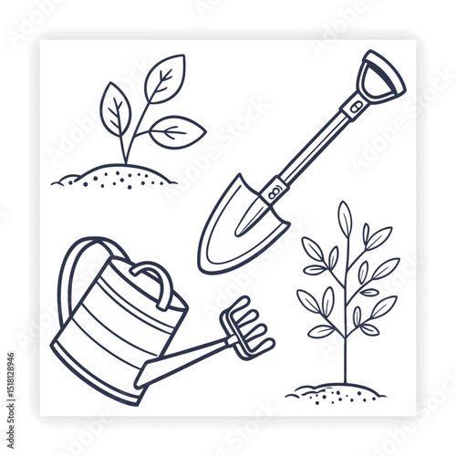 Hand Drawn Garden Tools and Plants