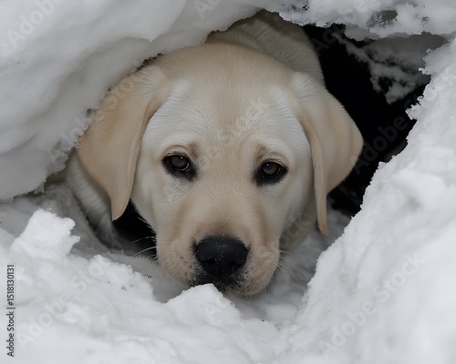 Adorable yellow lab puppy peeking from a snow den.  Sweet eyes, fluffy fur. Winter scene