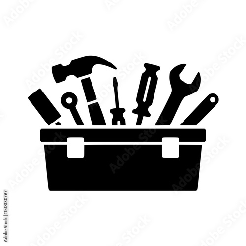 Toolbox with various hand tools for repair, maintenance, and construction