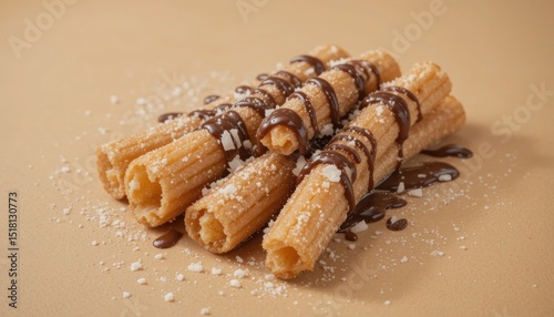 Delicious Golden Fried Churros with Chocolate and Sugar on a Light Brown Background