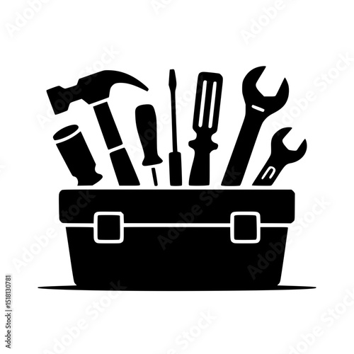 Toolbox with various hand tools for repair, maintenance, and construction