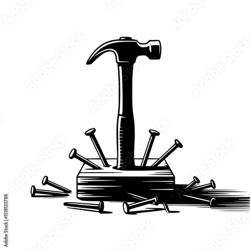 Hammer and nails illustration with a wooden block