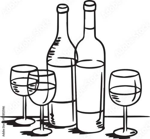 Two wine bottles and two wine glasses illustration