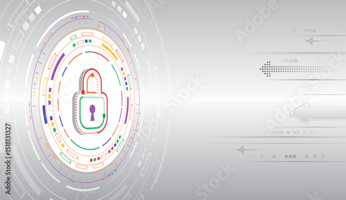 Modern digital lock on round multicolored light gray background. Cybersecurity, digital data protection and technical progress concept.