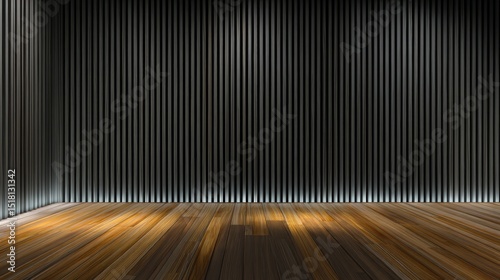 A modern, empty room with a wooden floor and vertical black metal wall panels illuminated by soft lighting, Minimalist home decor with slat.