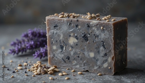 Artisanal Soap Bar with Lavender and Seeds: A Close-Up Studio Shot