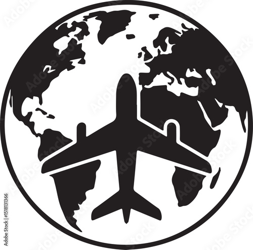 Airplane icon over world map globe illustration