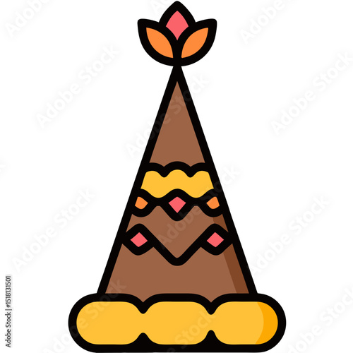 Stylized Teepee with Floral Topper and Geometric Banding Design
