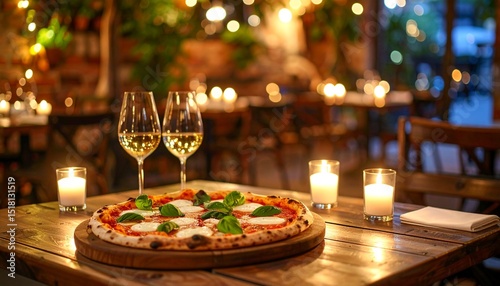 Realistic image of Margherita pizza with fresh basil, mozzarella di bufala, and tomato sauce, luxury restaurant branding style